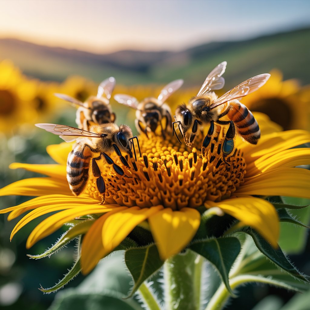 Bees pollinate a sunflower against a vibrant sunset, highlighting the synergy of nature and smart farming technology.