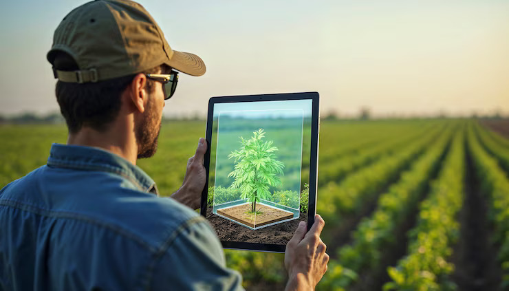 Man in a field holding a tablet, surrounded by cannabis plants, illustrating modern farming benefits.