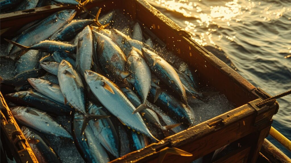 A wooden crate filled with freshly caught fish on a boat, glistening with water droplets in the golden sunlight, highlighting the 60% Subsidy: Bihar Fish Diversification Scheme to support fishery growth and income for local fishermen.